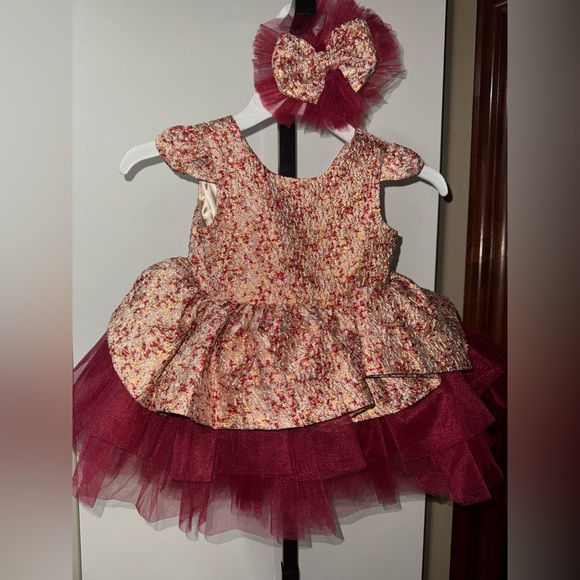 Floral Burgundy Kids formal Dress with Hairclip - Picture 2 of 4